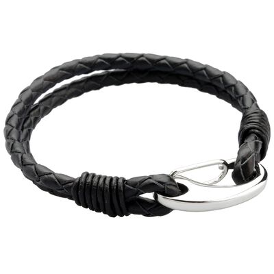 Men's Stainless Steel Black Leather Bangle