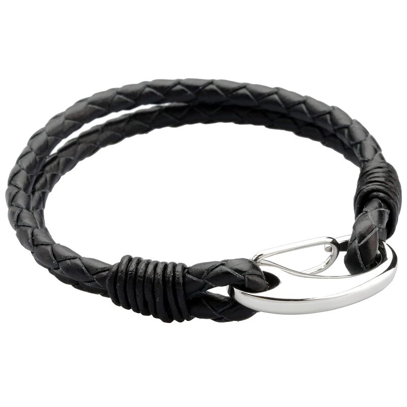 Men's Stainless Steel Black Leather Bangle image number null
