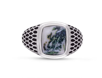 Tree Agate Stone Ring in Sterling Silver & Black Rhodium