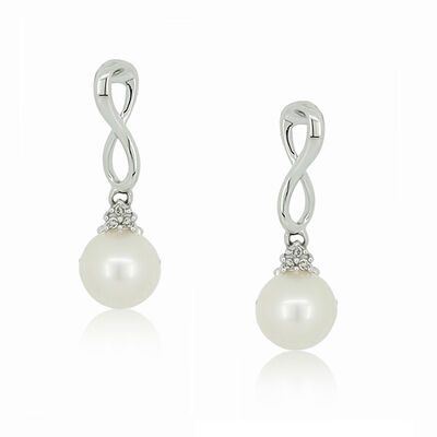 Pearl & Diamond Loop Drop Earrings in 10k White Gold
