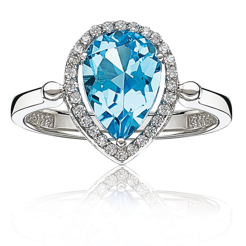 Pear Blue Topaz & Diamond Halo Ring in Sterling Silver image number null