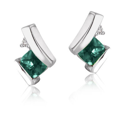 Created Emerald & Diamond Drop Earrings in 10k White Gold