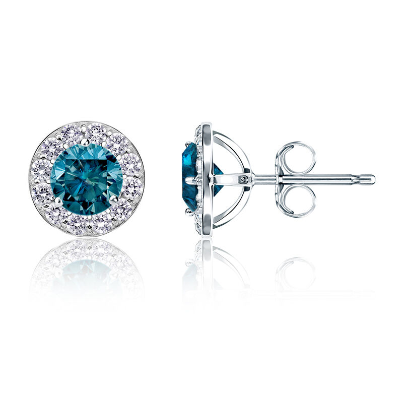 Brilliant-Cut ¼ct. Blue Diamond Halo Stud Earrings in 14k White Gold image number null
