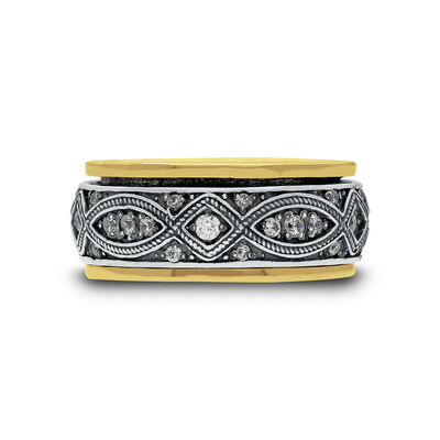 CZ Spinning Meditation Ring with Oval & Diamond Design in Sterling Silver with 10k Yellow Gold Plating Size 10