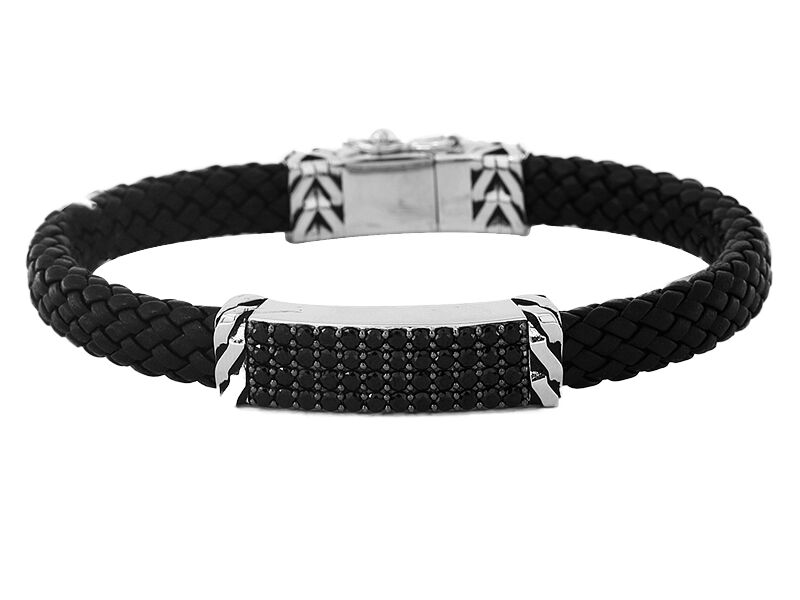 Effy Men's Black Spinel & Leather Bracelet in Sterling Silver image number null