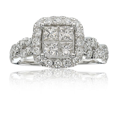 Calla Plus. Diamond Halo Quad Engagement Ring in 14k White Gold