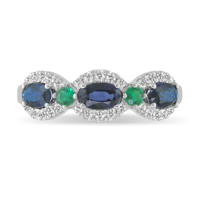 Oval Sapphire, Emerald & Diamond Ring in 10k White Gold