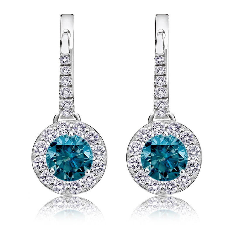 Drop 1 1/2ct. Blue Diamond Halo Earrings in 14k White Gold image number null