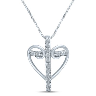 Diamond 1/4ctw. Cross in Scroll Heart Pendant in 10k White Gold