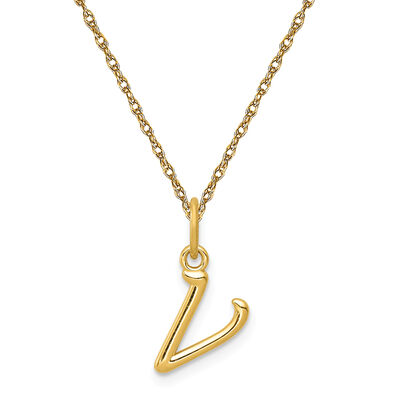 Script V Initial Necklace in 14k Yellow Gold