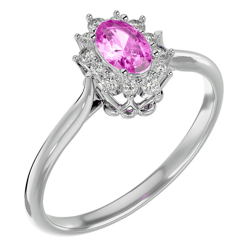 Oval-Cut Pink Sapphire & Diamond Halo Ring in 14k White Gold image number null