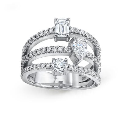 Pear-Shaped Emerald & Brilliant-Cut Lab Grown 1/50ctw. Diamond 3-Row Multi-Stone Fashion Ring in 14k White Gold