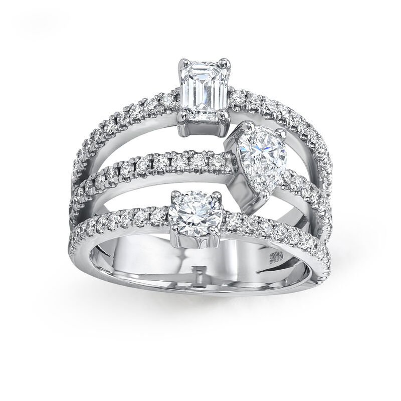 Pear-Shaped Emerald & Brilliant-Cut Lab Grown 1/50ctw. Diamond 3-Row Multi-Stone Fashion Ring in 14k White Gold image number null