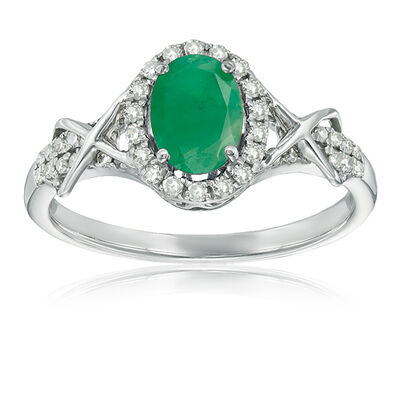 Emerald & Diamond Halo Ring in 10k White Gold