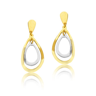 Double Oval Wave Dangle Drop Earrings in 14k White & Yellow Gold