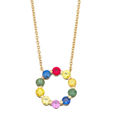 Rainbow Sapphire Circle Necklace in 14k Yellow Gold