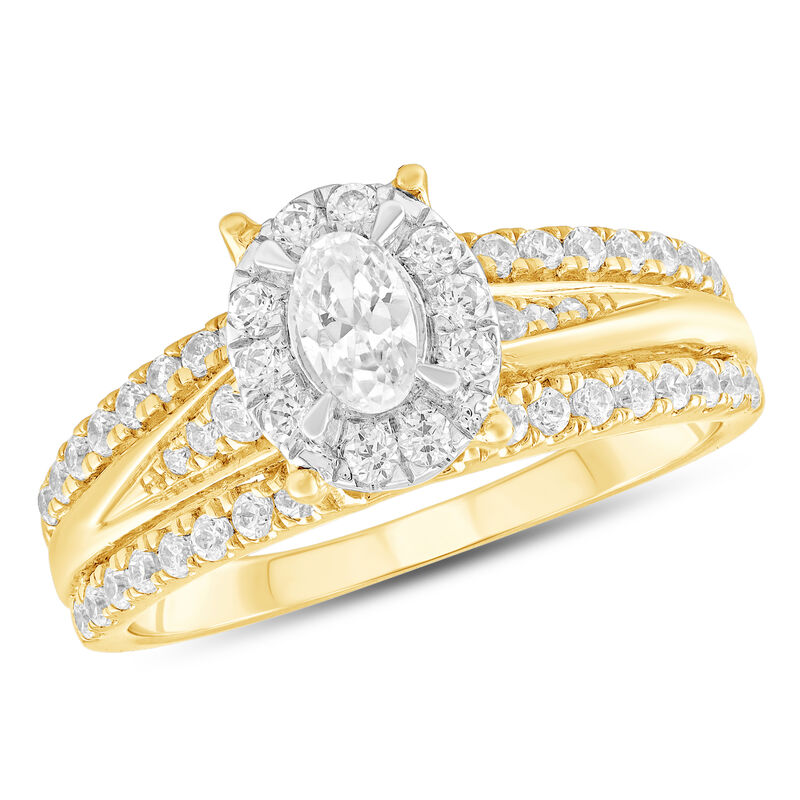 Oval Natural Diamond 3/4ctw. Three Row Engagement Ring in 14k Yellow Gold image number null
