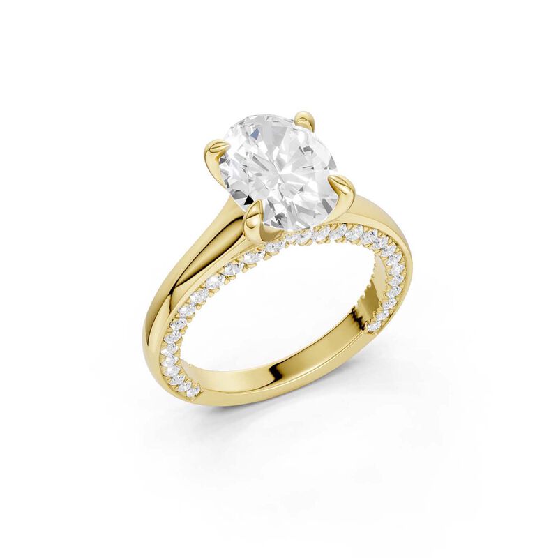 Oval Lab Grown Diamond 3 1/2ctw. Tapered Engagement Ring with Round Diamond Shank in 14k Yellow Gold image number null