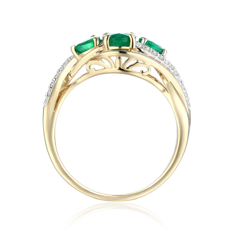 Oval Three-Stone Plus Emerald & Diamond Ring in 10k Yellow Gold image number null