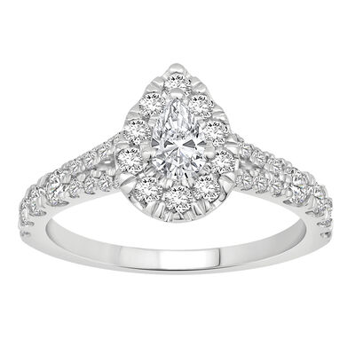 Pear Lab Grown Diamond 1ctw. Split Shank Halo Engagement Ring in 14k White Gold