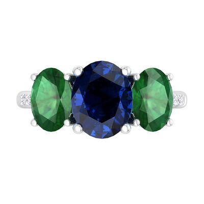 Martha Stewart Oval Sapphire Emerald and Lab Grown Diamond Ring in Sterling Silver
