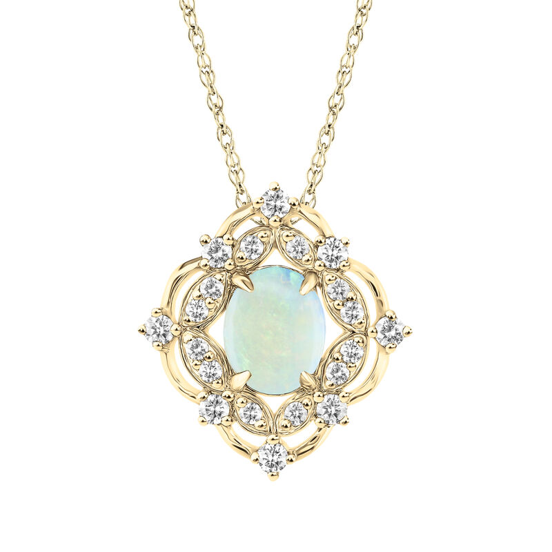 Vintage-Inspired Oval Opal & Diamond Pendant in 10k Yellow Gold image number null