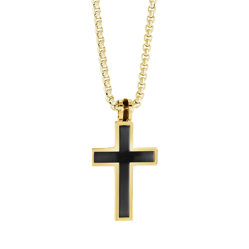 Men's Cross Pendant With 22" Chain in Black & Gold IP Stainless Steel image number null