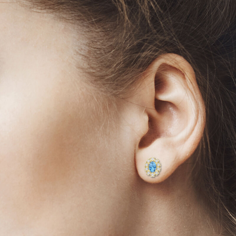 Oval-Cut Aquamarine & Diamond Halo Earrings in 10k Yellow Gold image number null