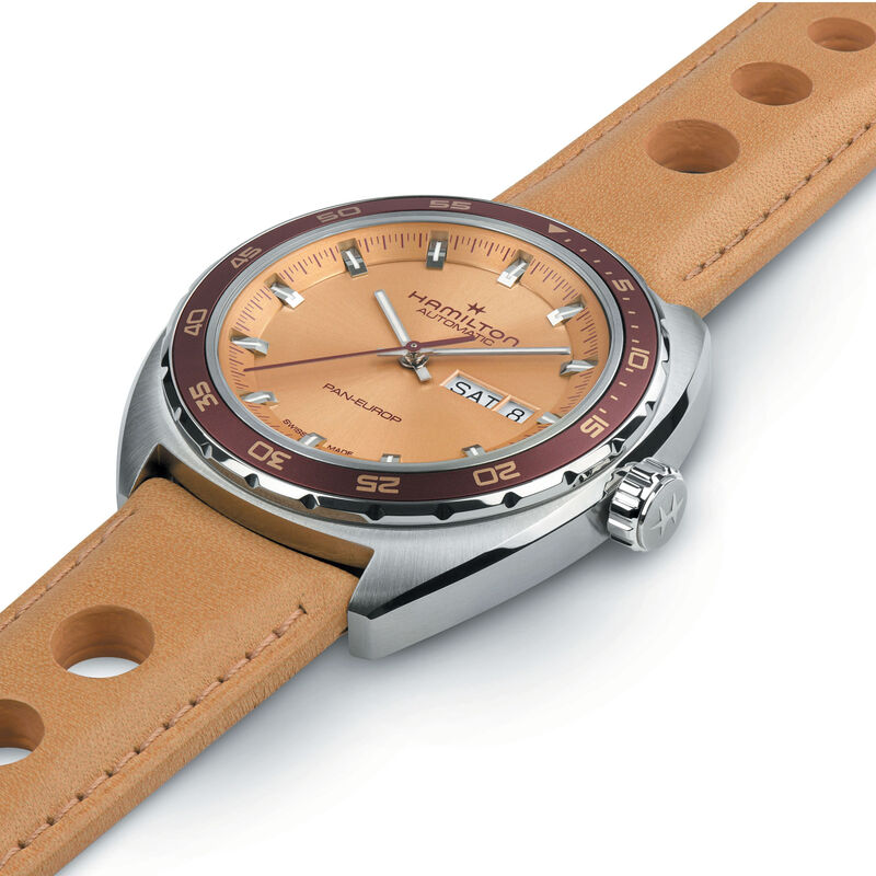 Hamilton Men's Pan Europ Automatic Beige Dial With Burg Bezel Stainless Steel Leather & Nato Strap 42mm Watch H35435820 image number null