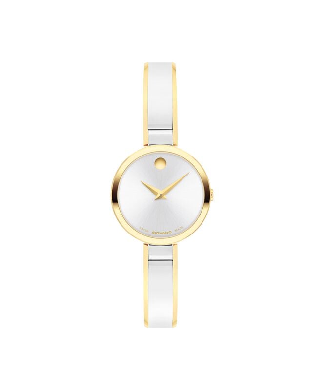 Movado Ladies' Moda Silver White Dial Yellow Gold-Tone Stainless Steel 24mm Bangle Watch 608012 image number null