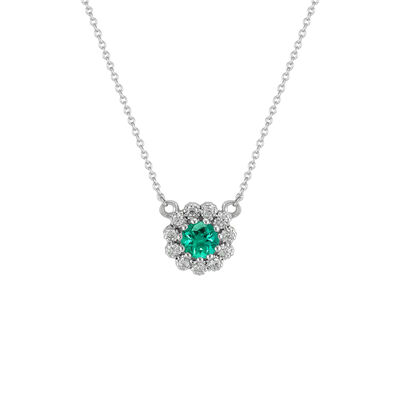 Created Emerald & Diamond Flower Pendant in 10k White Gold