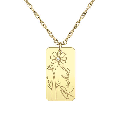 Diamond Accent Birth Month Flower Engravable Necklace in Gold Plated Sterling Silver