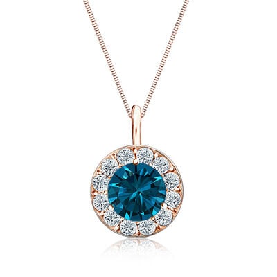 Blue & White Diamond Halo 2ct. Pendant in 14k Rose Gold