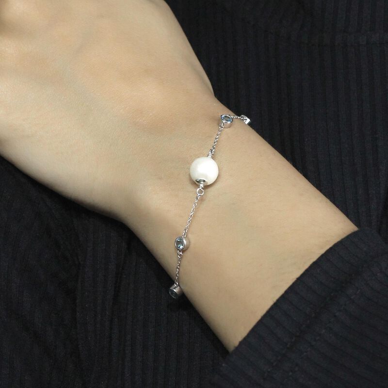 8mm Pearl & Blue Topaz Station Bracelet in Sterling Silver image number null