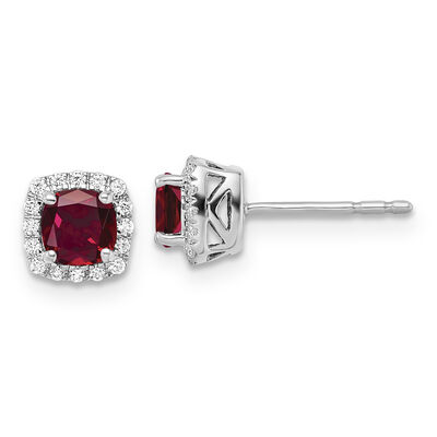 Cushion-Cut Created Ruby & Diamond Halo Stud Earrings in Sterling Silver