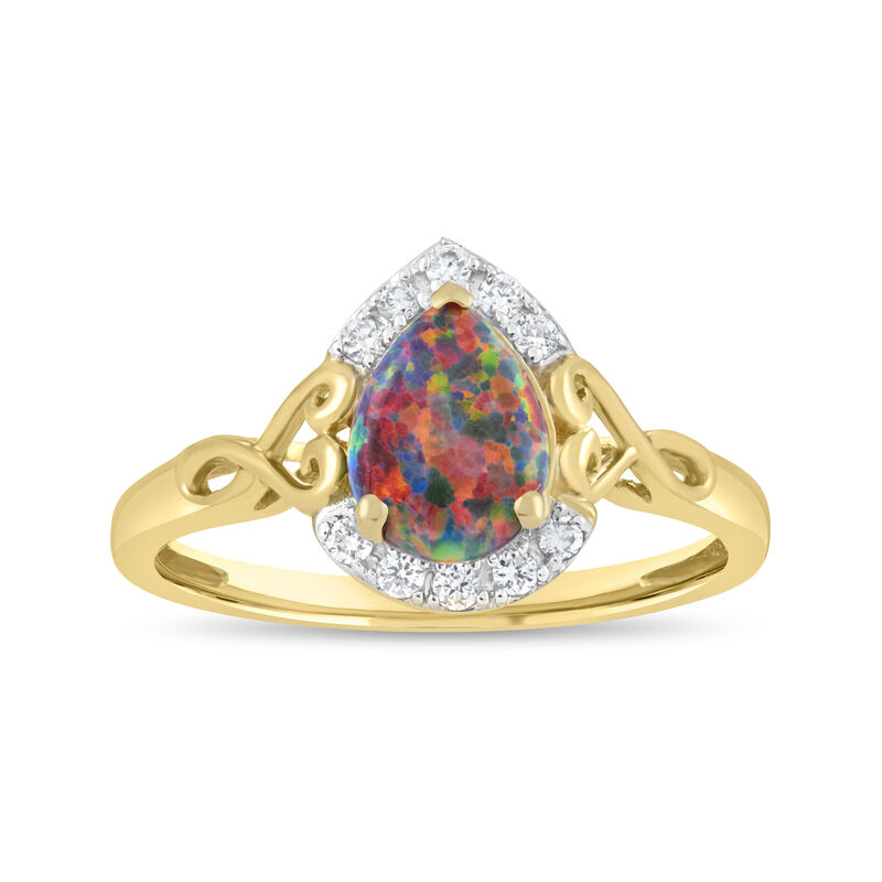 Pear Shape Created Opal & Lab Grown Diamond Swirl Heart Ring in 10k Yellow Gold image number null