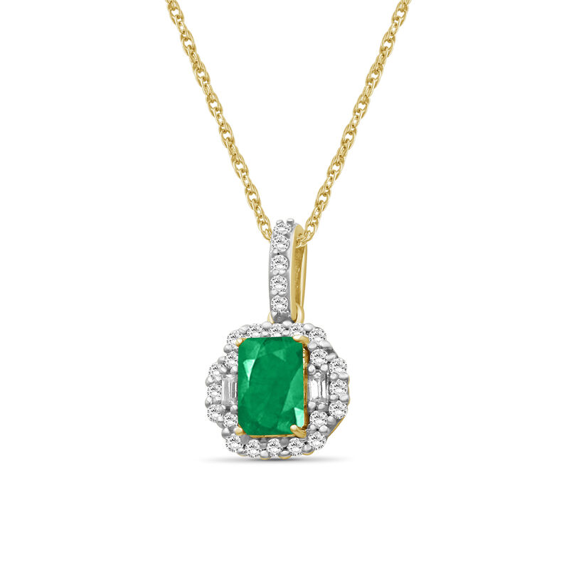 Emerald-Cut Emerald &  Diamond Halo Drop Pendant in 10k Yellow Gold image number null