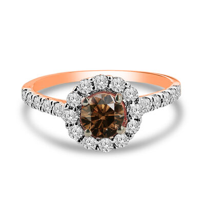 Champagne & White 1-1/3ctw. Diamond Halo Engagement Ring in 14k Rose Gold
