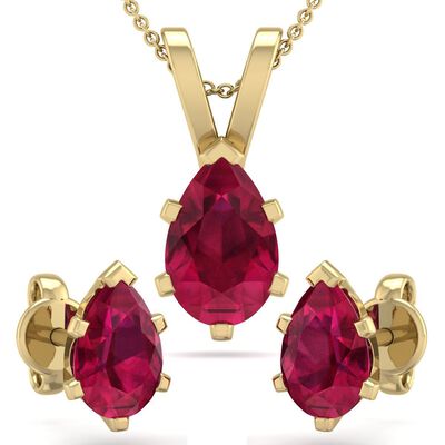 Pear Ruby Necklace & Earring Jewelry Set in 14k Yellow Gold Plated Sterling Silver