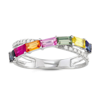 Rainbow Sapphire & Diamond Twist Ring in 14k White Gold