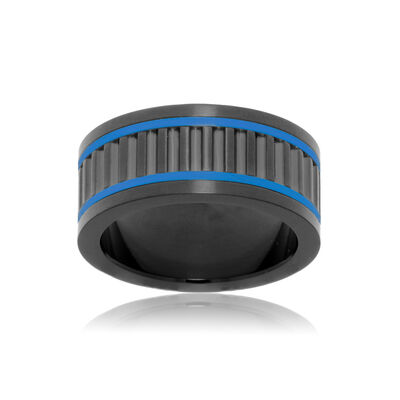 Men's 10mm Textured Ring in Black Plated Stainless Steel with Blue IP 