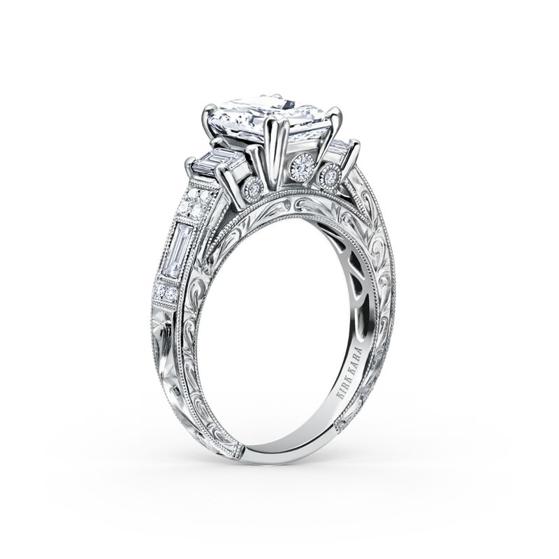Emerald-Cut Three Stone Diamond Hand Engraved Engagement Setting in 18k White Gold K1384DE-R image number null