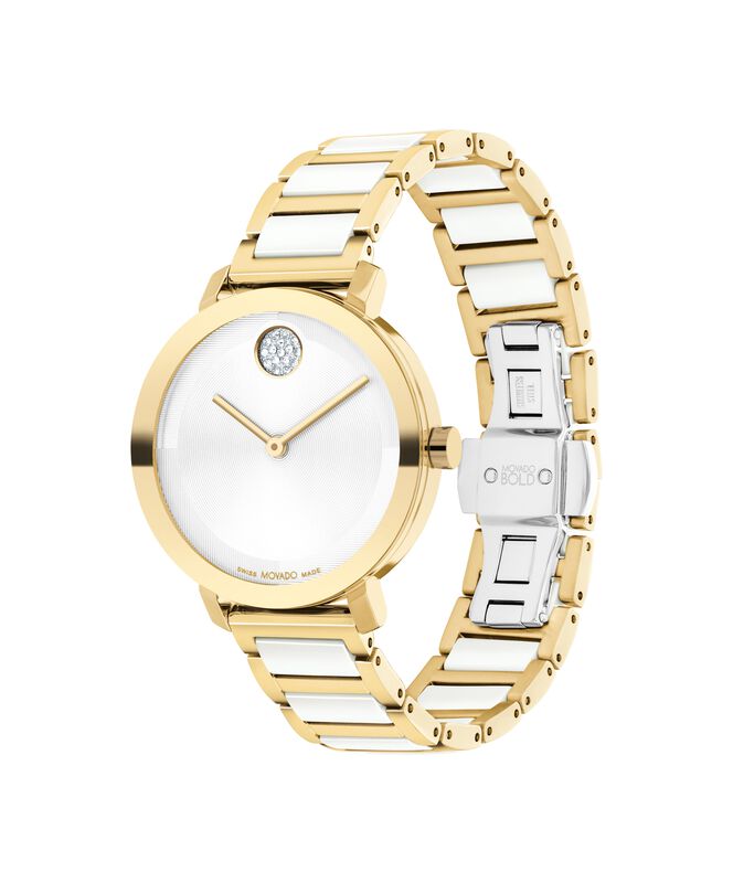 Movado Ladies' Bold Evolution 2.0 White Ceramic White Dial Yellow IP Bracelet 34mm Watch 3601238 image number null