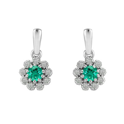Created Emerald & Diamond Flower Halo Earrings in 10k White Gold