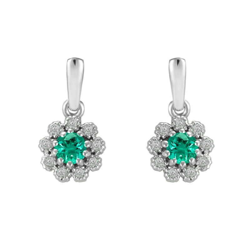Created Emerald & Diamond Flower Halo Earrings in 10k White Gold image number null