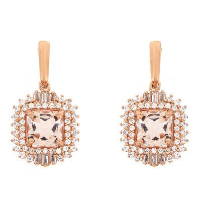Cushion & Baguette-Cut Morganite & Diamond Halo Unique Drop Earrings in Rose Gold