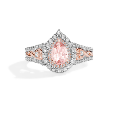 Pear-Shaped Morganite & Diamond Halo Ring in 10k White & Rose Gold