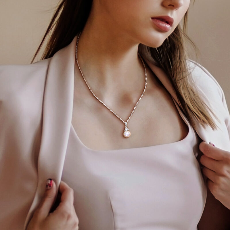 Created White Sapphire & Freshwater Cultured Pearl Necklace in 10k White Gold image number null