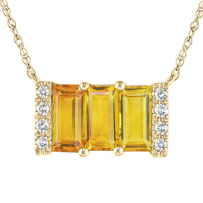 Citrine & Diamond 3 Stone Baguette Necklace in 10k Yellow Gold