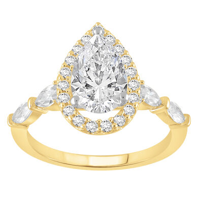 Pear Lab Grown Diamond 2 1/3ctw. Halo Engagement Ring with Marquise and Round Accents in 14k Yellow Gold